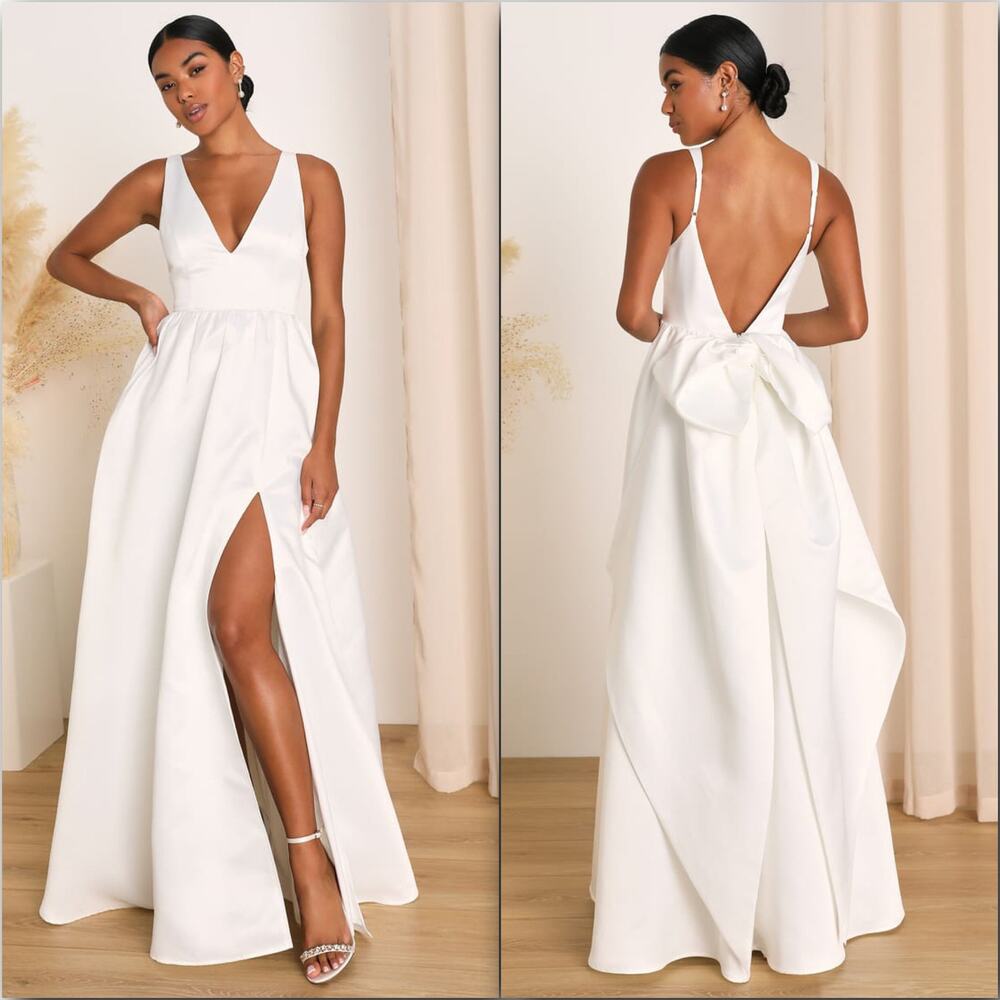 Lulus Lux Bridal NWOT Blissfully Beloved Ivory Backless A-Line Bow Wedding Dress
